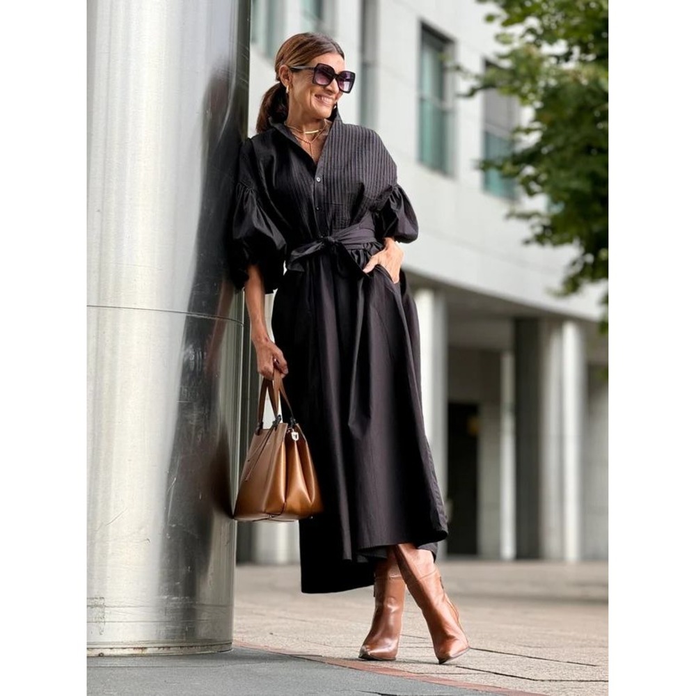 Marielle Almelo Phoebe Puff Sleeve Midi Shirt Dress Womens One Size Black Cotton